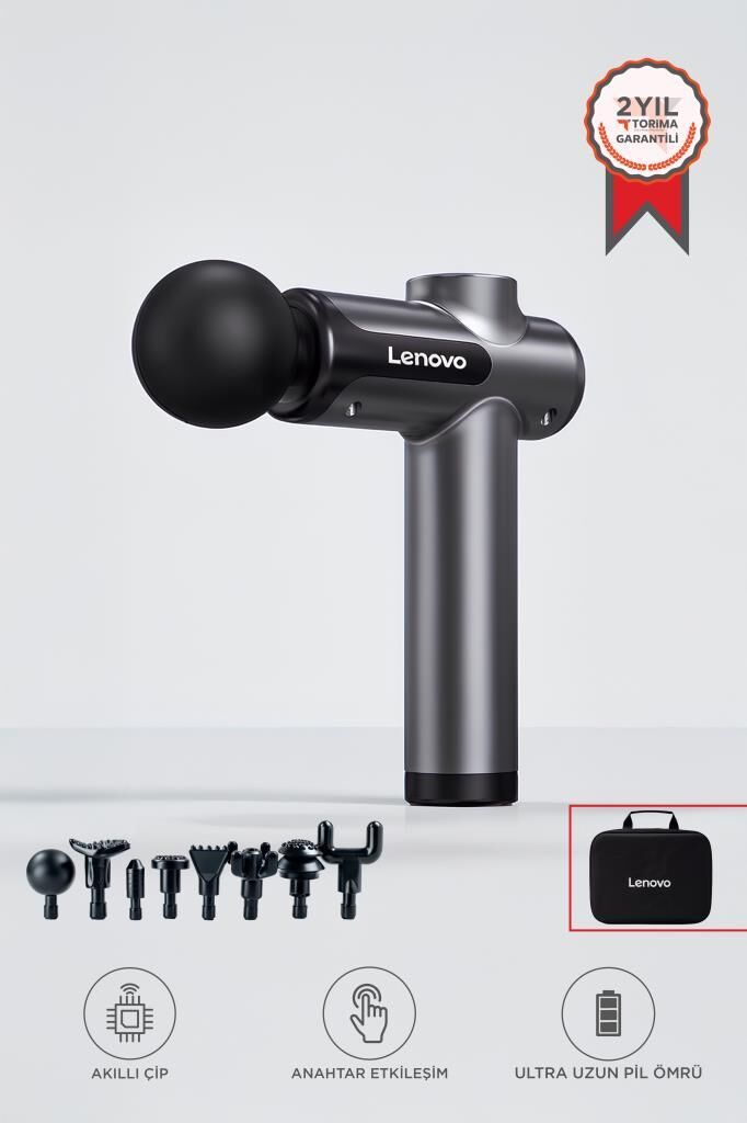 Lenovo N3 Gri Darbeli Titreşimli Masaj Tabancası Güçlü 1800mah Şarjlı 8 Başlıklı Egzersiz Aleti