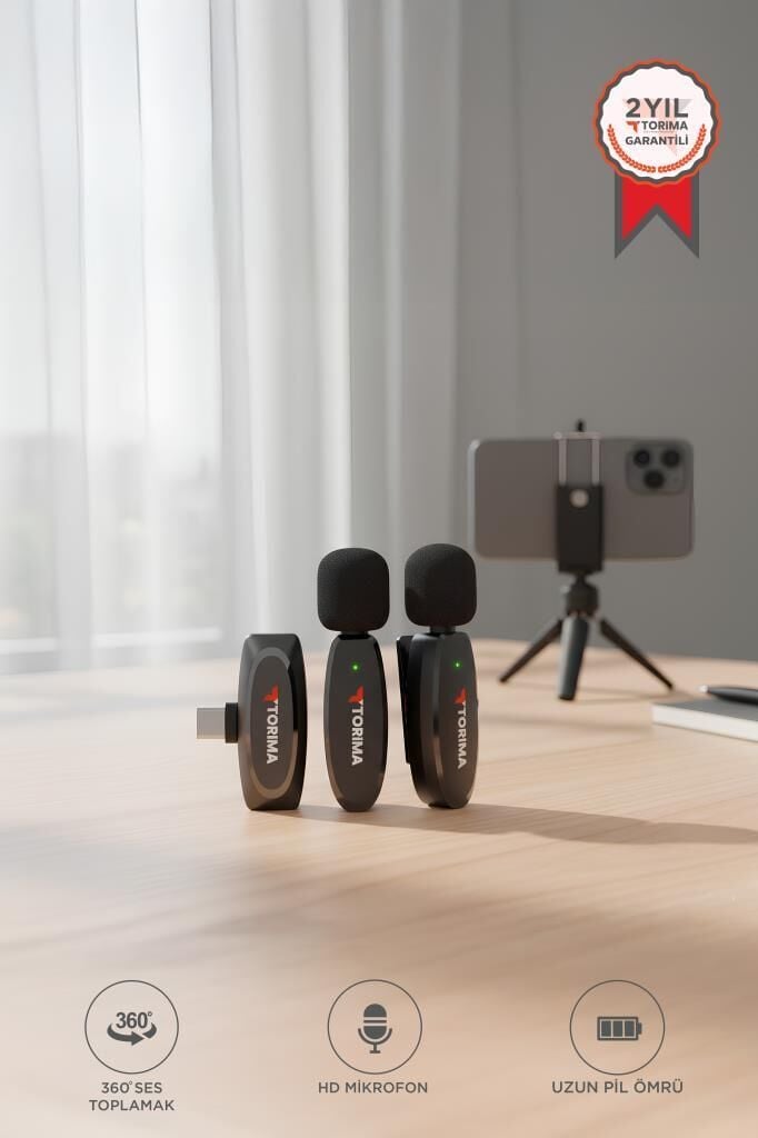 Yaka Mikrofonu Type-C Uyumlu 360 Ses Algılama Özellikli Kablosuz Mikrofon WM01 Siyah