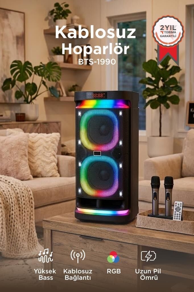 Bluetooth Hoparlör Rgb Işıklı Mikrofonlu Kumandalı Parti Speaker BTS-1990 Siyah