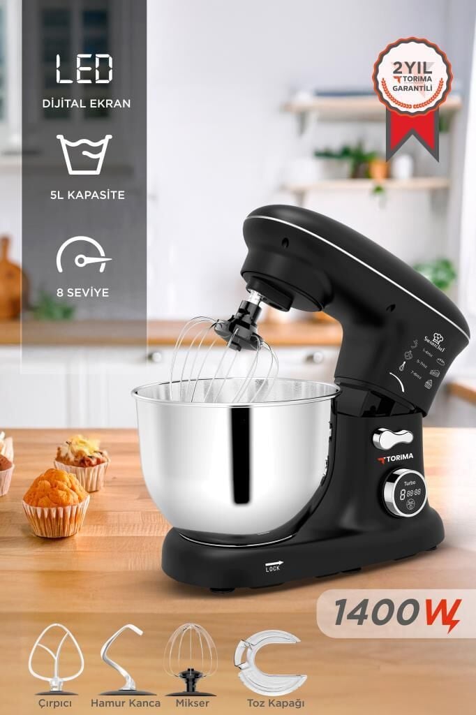 Stand Mikser Hamur Yoğurma Makinesi Dijital Göstergeli 5L 1400W TMK-1400DT Siyah