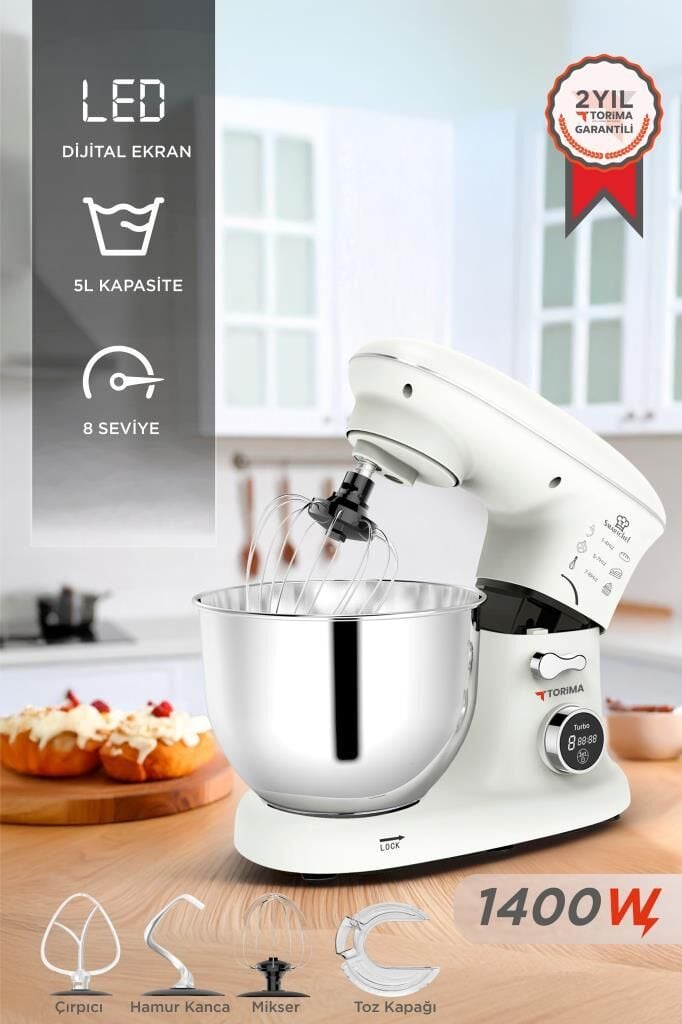 Stand Mikser Hamur Yoğurma Makinesi Dijital Göstergeli 5L 1400W TMK-1400DT Beyaz
