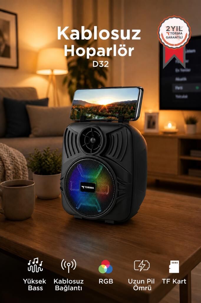 Bluetooth Hoparlör Telefon Tutacaklı Taşınabilir Şarjlı USB TF Kablosuz Speaker D32 Siyah