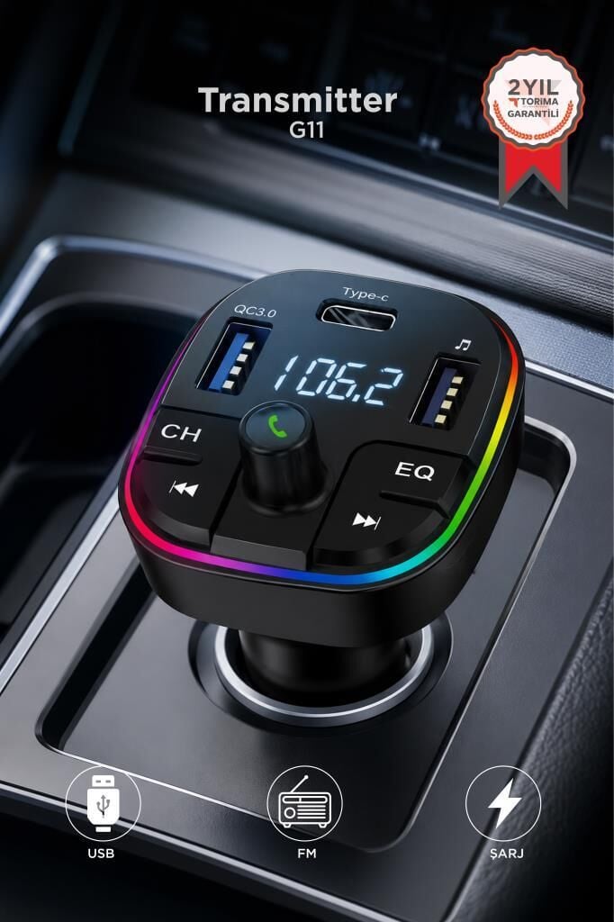 Transmitter Şarj Özellikli Dijital Göstergeli Bluetooth Fm G11 Siyah