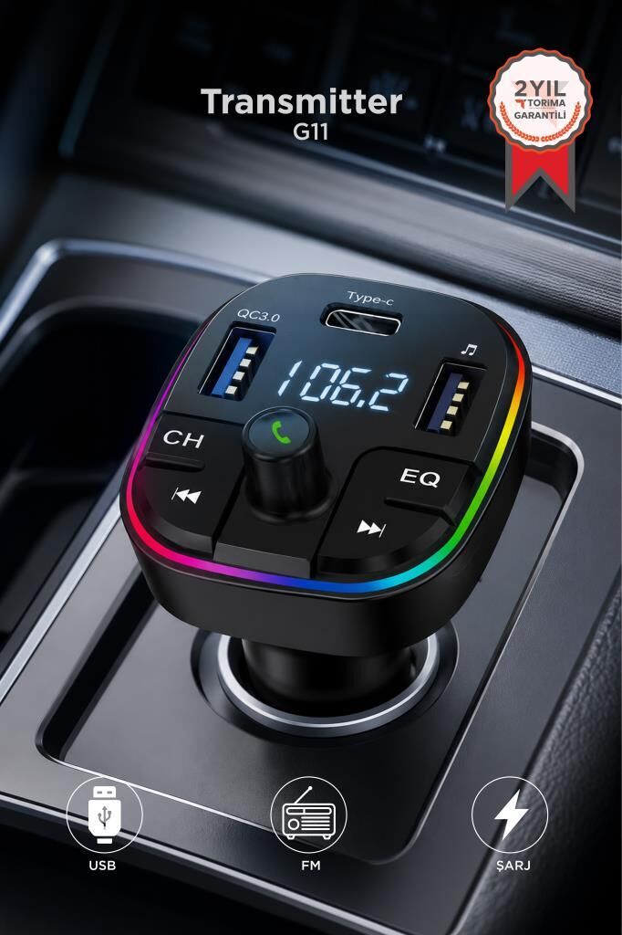 Transmitter Şarj Özellikli Dijital Göstergeli Bluetooth Fm G11 Siyah