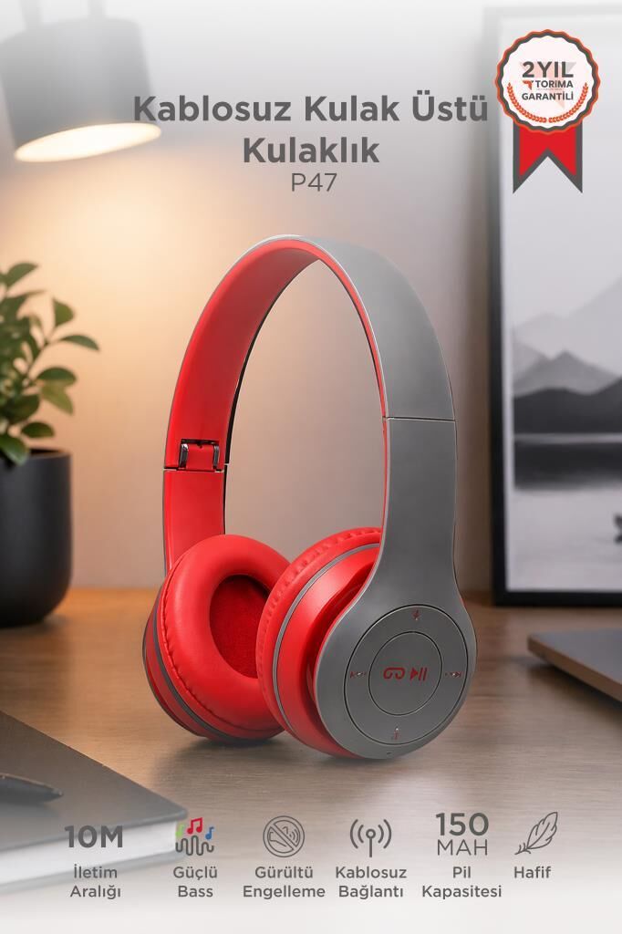 Bluetooth Kulaklık Kulak Üstü Kablosuz Kulaklık P47 Kırmızı