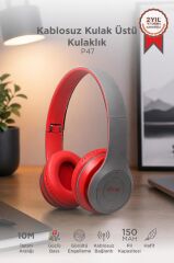 Bluetooth Kulaklık Kulak Üstü Kablosuz Kulaklık P47 Kırmızı