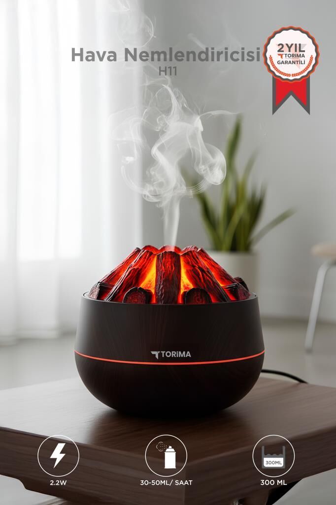 Hava Nemlendiricisi Odun Ateşi Efektli Ultrasonik 300 ML H11 Koyu Kahve