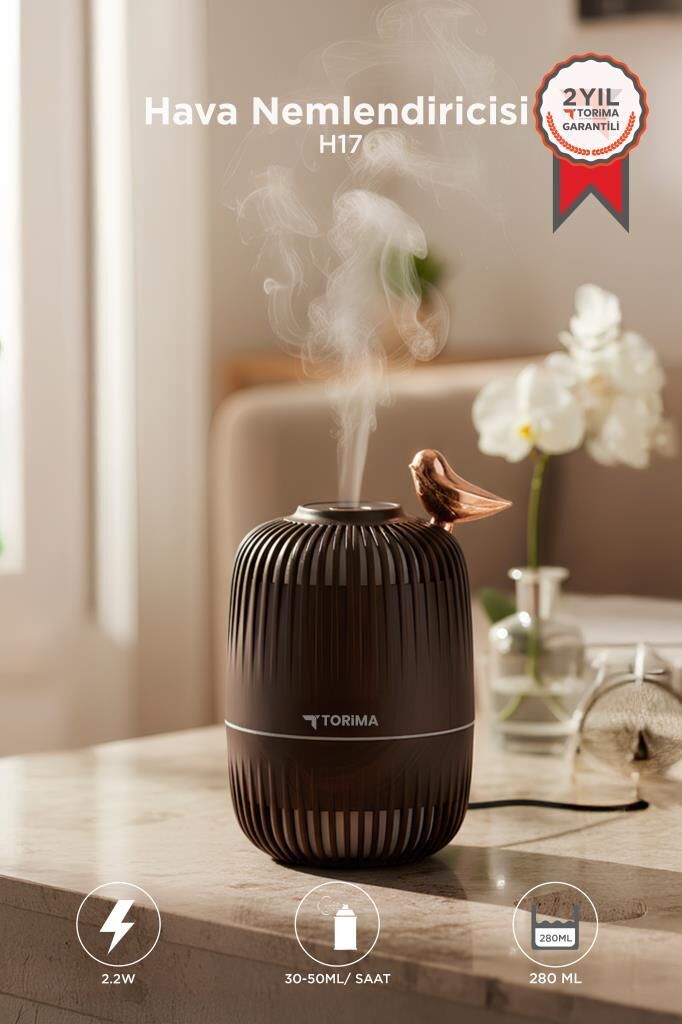 Hava Nemlendiricisi Buhar Makinesi Kuş Detaylı Ahşap Görünümlü 280 ML H17 Koyu Kahverengi