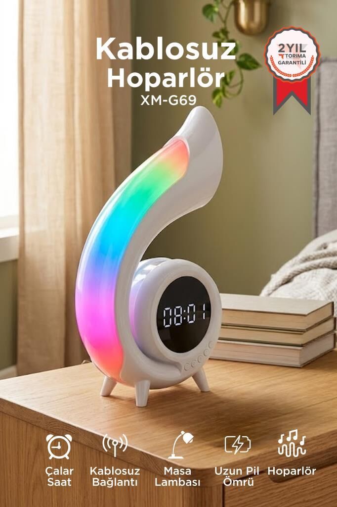 Bluetooth Hoparlör Saat Özellikli Masa Lambası 6in1 XM-G69 Beyaz