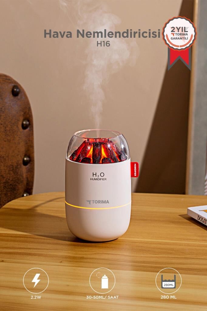 Hava Nemlendiricisi Buhar Makinesi Led Işıklı Odun Ateşi Efektli 280 ML H16 Beyaz