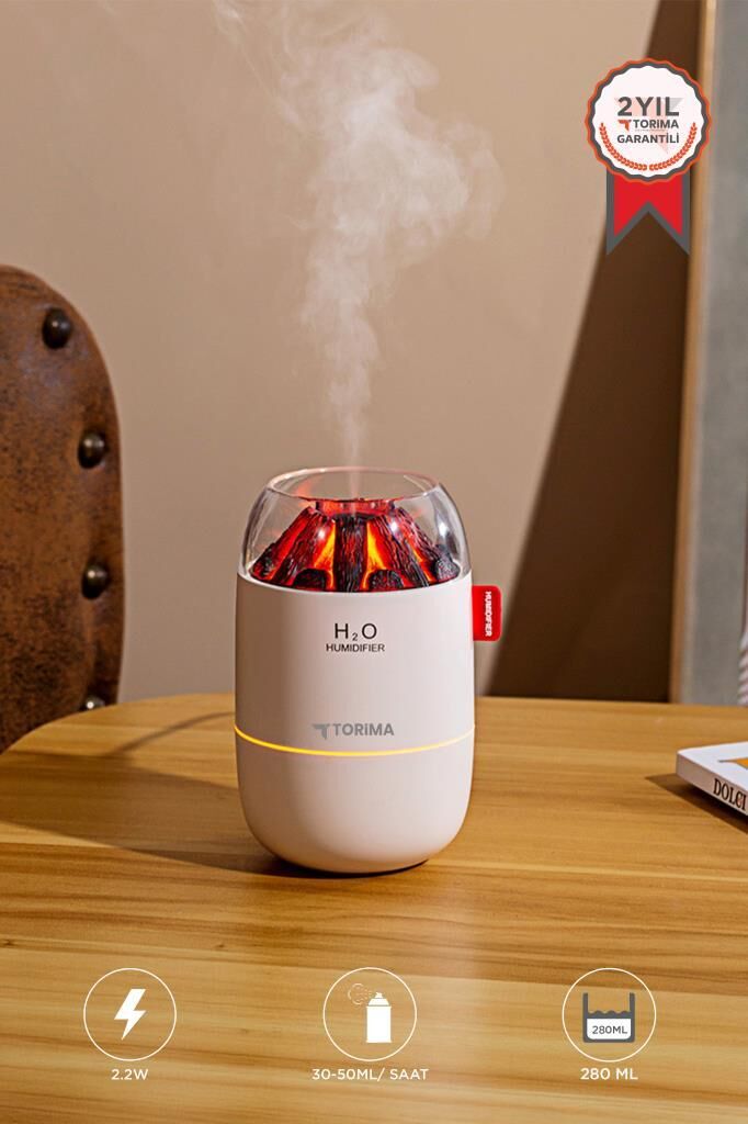 Hava Nemlendiricisi Buhar Makinesi Led Işıklı Odun Ateşi Efektli 280 ML H16 Beyaz