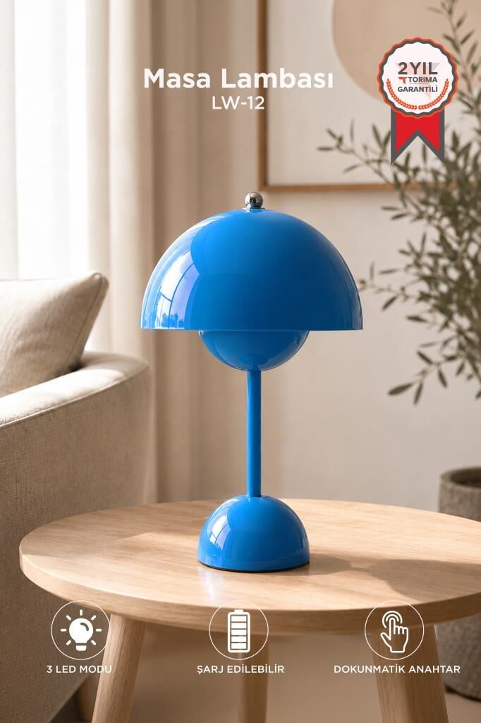 Yuvarlak Masa Lambası 3 Modlu Şarjlı Led Işıklı Gece Lambası LW12 Mavi