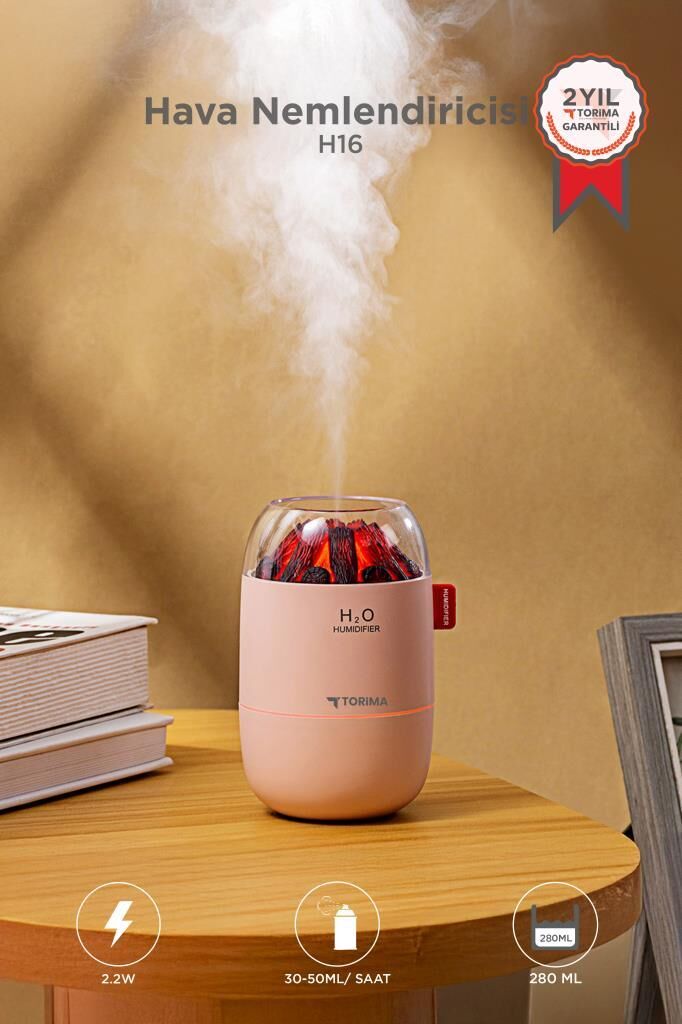 Hava Nemlendiricisi Buhar Makinesi Led Işıklı Odun Ateşi Efektli 280 ML H16 Pembe