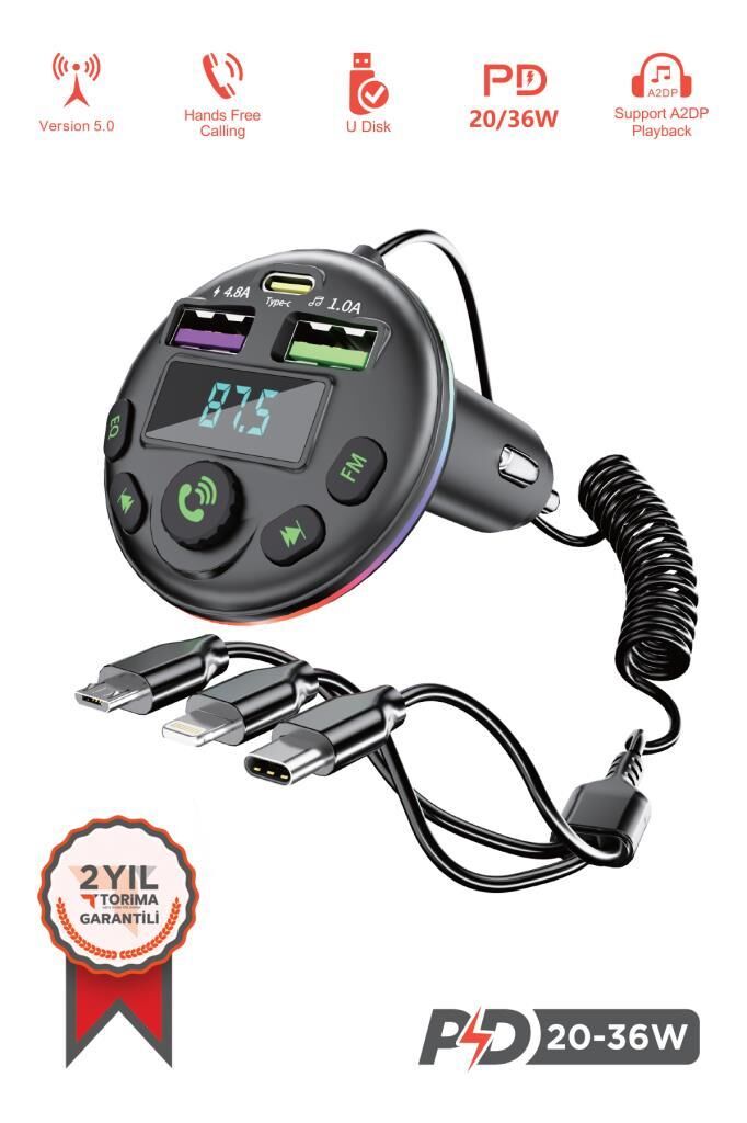 Transmitter Şarj Özellikli Dijital Göstergeli Bluetooth Fm 36W G14 PD Siyah