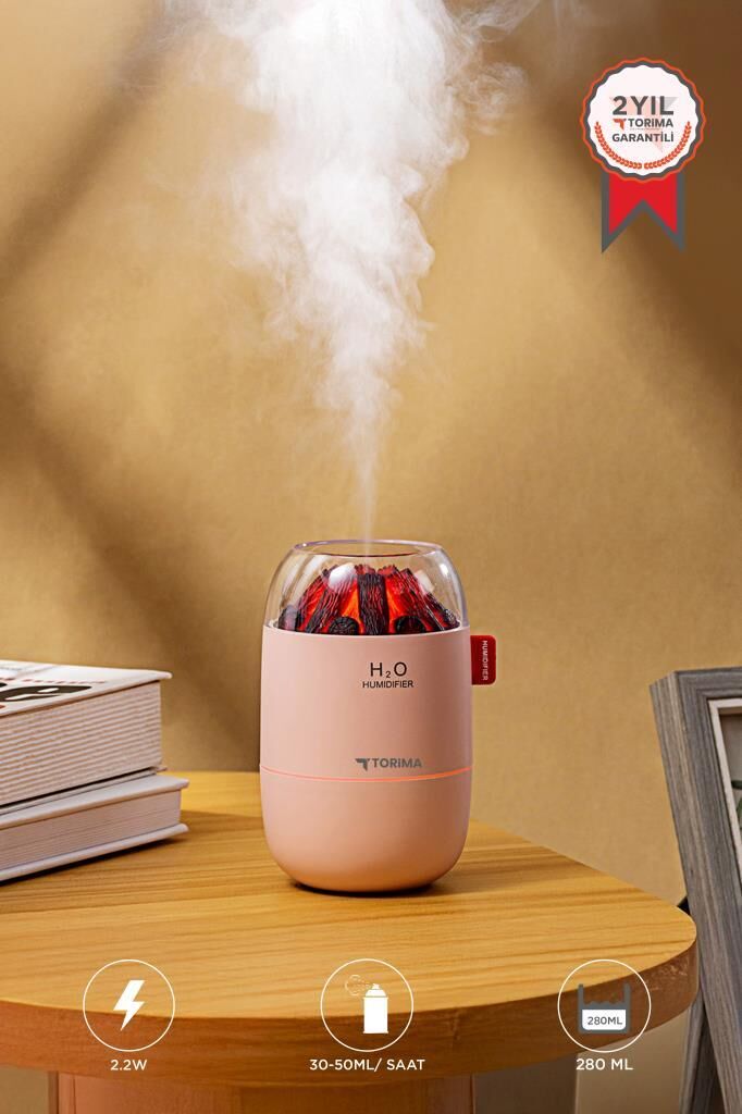 Hava Nemlendiricisi Buhar Makinesi Led Işıklı Odun Ateşi Efektli 280 ML H16 Pembe