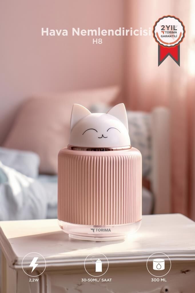 Hava Nemlendiricisi Buhar Makinesi Gece Lambalı Kedi Figürlü 300 ML H8 Pembe
