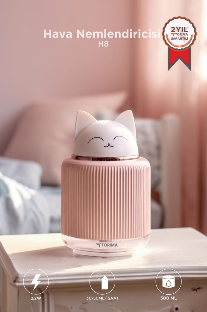 Hava Nemlendiricisi Buhar Makinesi Gece Lambalı Kedi Figürlü 300 ML H8 Pembe