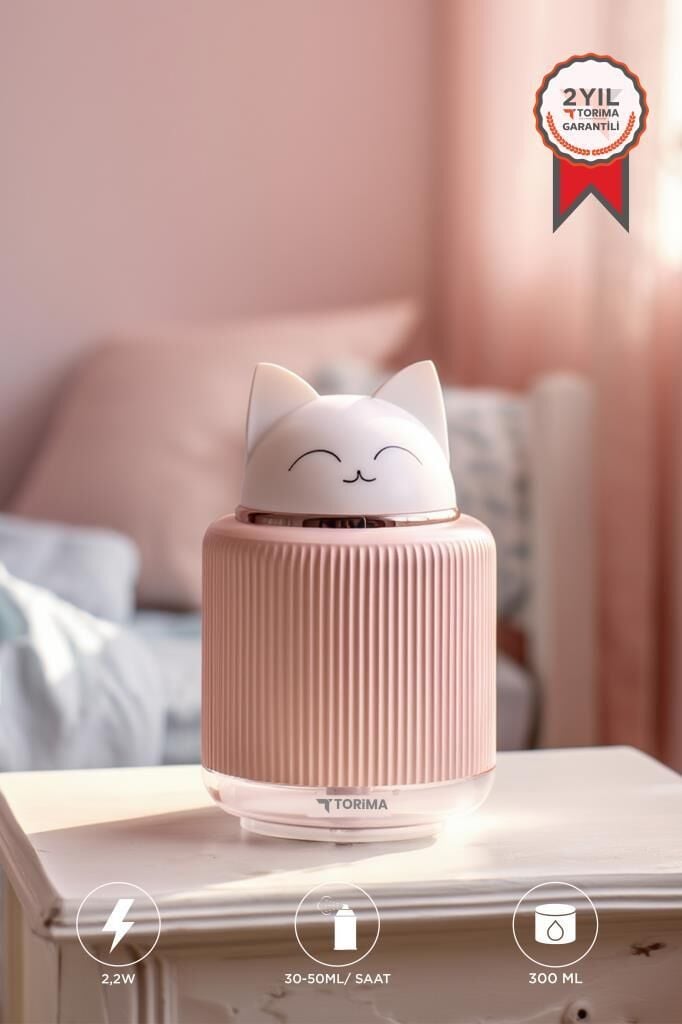 Hava Nemlendiricisi Buhar Makinesi Gece Lambalı Kedi Figürlü 300 ML H8 Pembe