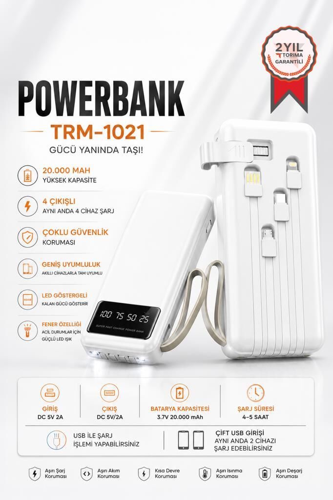 Taşınabilir Batarya 20000 Mah Ledli 4 Çıkışlı Powerbank TRM-1021 Beyaz