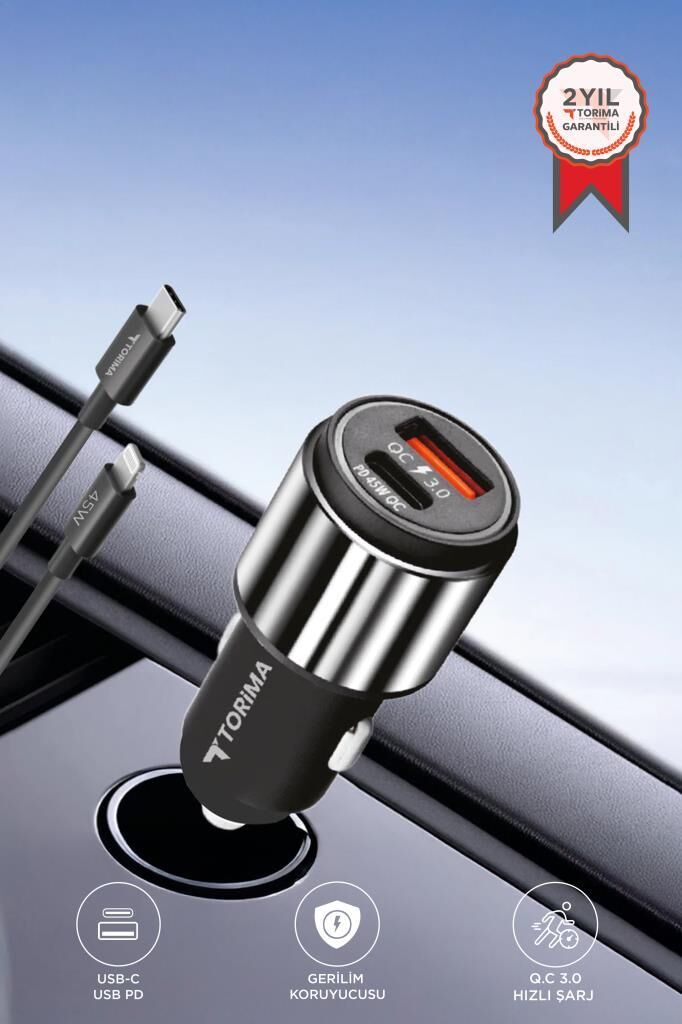Torima Hızlı Şarj Adaptörü 45W Lightning Kablolu Araç Çakmaklık Şarj C16 Gümüş