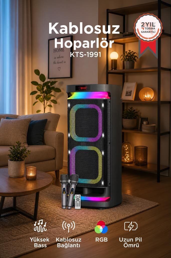 Bluetooth Hoparlör Led Işıklı Mikrofonlu Kumandalı Speaker KTS-1991 Siyah