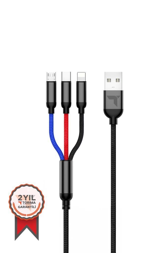 Şarj Kablosu Type-C Lightning Micro 3IN1 Hızlı 3.0A Data Kablo U35 Siyah