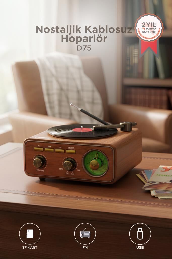 Bluetooth Hoparlör Plak Görünümlü Nostaljik Kablosuz Wireless Speaker D75 Ahşap