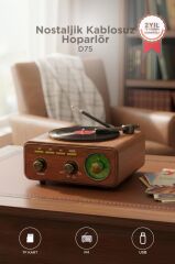 Bluetooth Hoparlör Plak Görünümlü Nostaljik Kablosuz Wireless Speaker D75 Ahşap