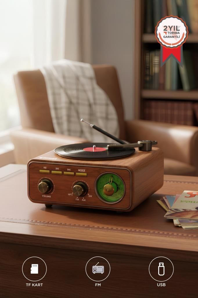 Bluetooth Hoparlör Plak Görünümlü Nostaljik Kablosuz Wireless Speaker D75 Ahşap