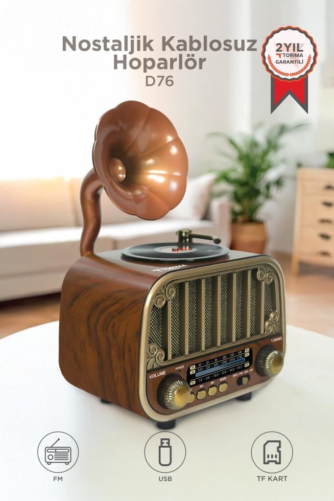 Bluetooh Hoparlör Nostaljik Radyo AUX USB TF Destekli Speaker D76 Ahşap