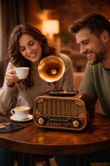 Bluetooh Hoparlör Nostaljik Radyo AUX USB TF Destekli Speaker D76 Ahşap
