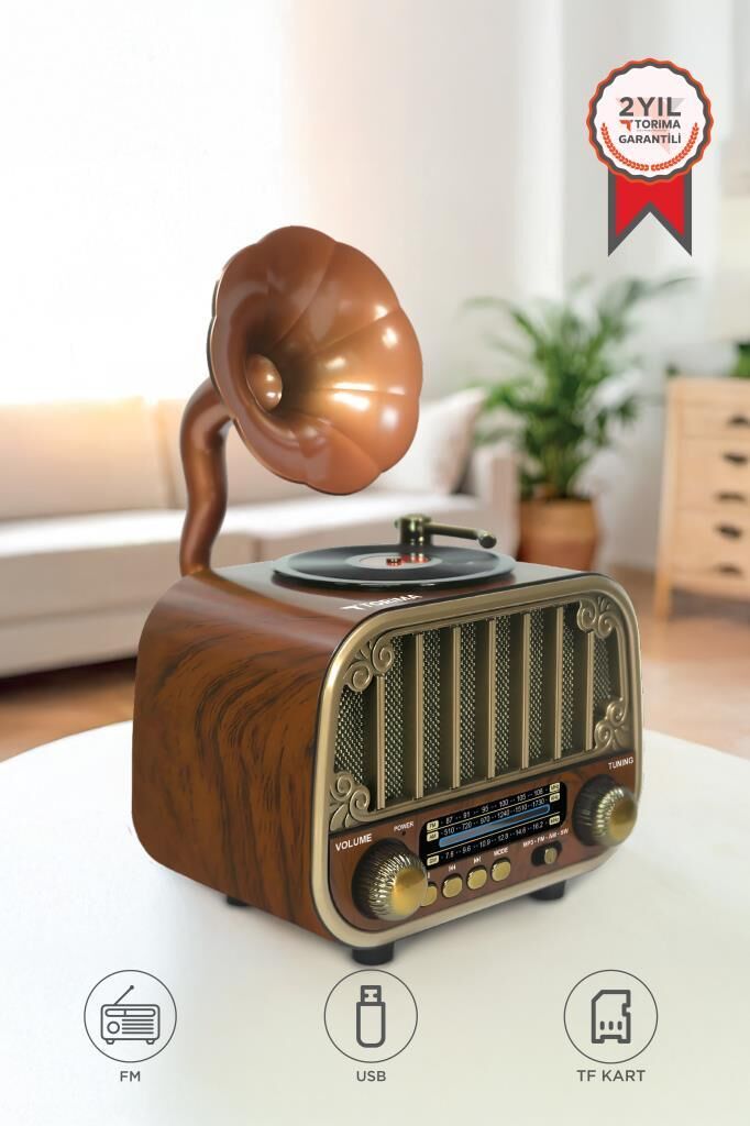 Bluetooh Hoparlör Nostaljik Radyo AUX USB TF Destekli Speaker D76 Ahşap