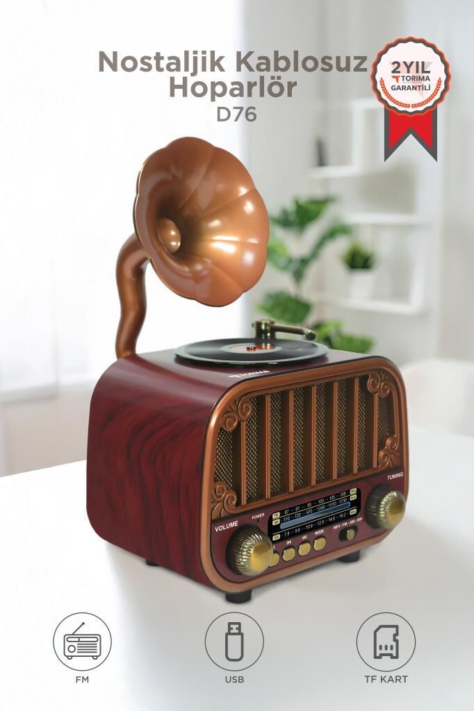 Bluetooh Hoparlör Nostaljik Radyo AUX USB TF Destekli Speaker D76 Koyu Kahve