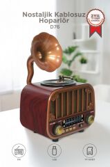 Bluetooh Hoparlör Nostaljik Radyo AUX USB TF Destekli Speaker D76 Koyu Kahve