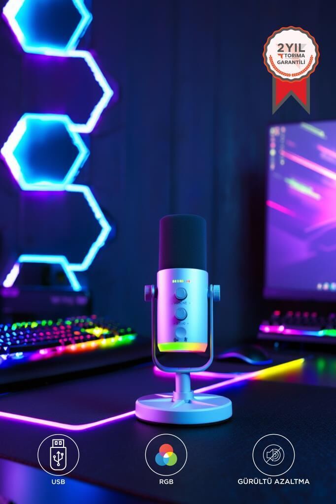 Mikrofon Podcast Vokal Kaydı Oyun USB XLR Çift Çıkışlı Profesyonel Kablosuz Mikrofon YU7 Beyaz