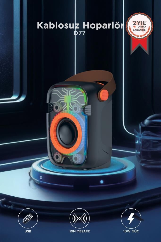 Bluetooth Hoparlör Rgb Işıklı 10W Kablosuz Speaker D77 Siyah