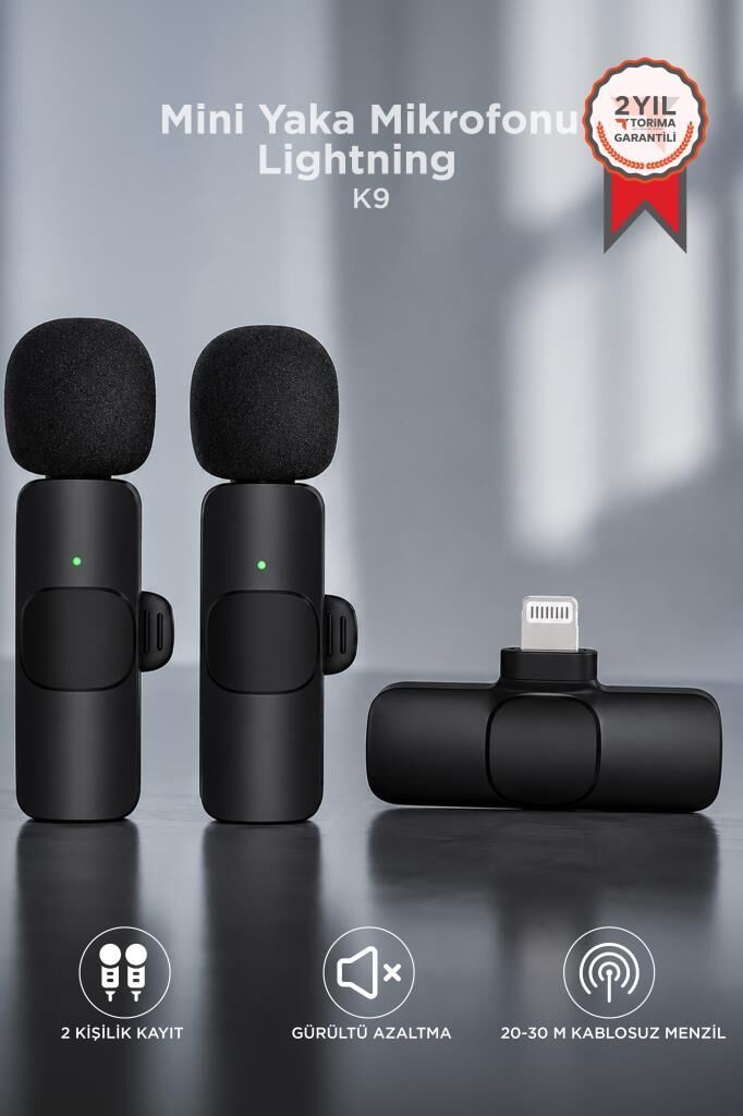 Mini Yaka Mikrofonu Lightning 2 Adet Taşınabilir Mikrofon K9