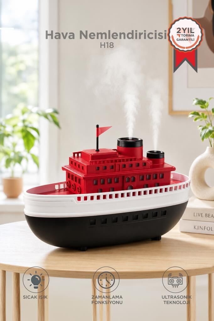 Hava Nemlendiricisi Led Işıklı Aroma Difüzör Boat Tasarım Ultrasonik 300 ML H18 Kırmızı