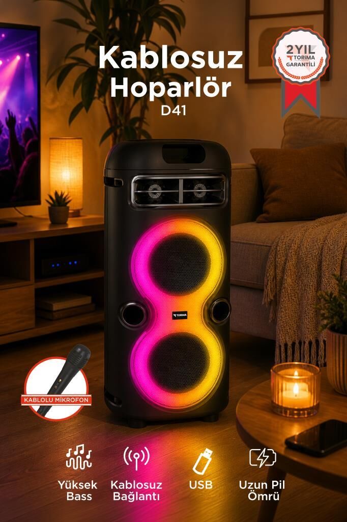 Bluetooth Hoparlör Rgb Işıklı Mikrofonlu Taşınabilir Speaker D41 Siyah