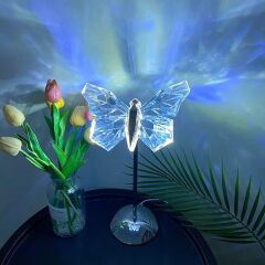 Kelebek Kristal Elmas Masa Lambası Led Işıklı Şarjlı Akrilik Gece Lambası LW-23 Gümüş