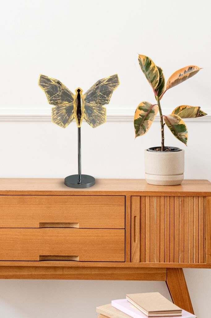 Kelebek Kristal Elmas Masa Lambası Led Işıklı Şarjlı Akrilik Gece Lambası LW23 Gümüş