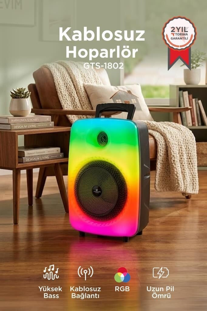 Bluetooth Hoparlör Mikrofonlu Rgb Işıklı Taşınabilir Parti Speaker GTS-1802 Siyah