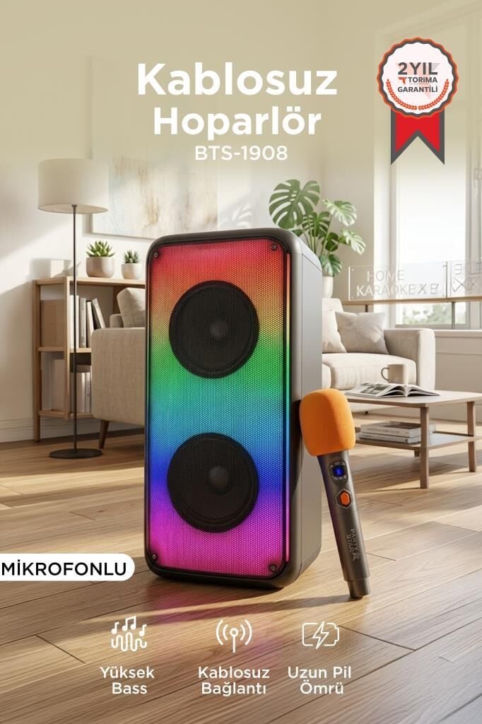 Bluetooth Hoparlör Mikrofonlu Kumandalı Rgb Işıklı Speaker BTS-1908 Siyah