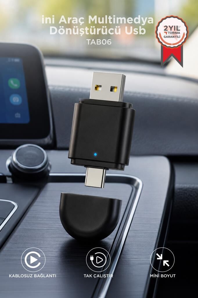 Mini Araç Multimedya Dönüştürücü Adaptör Usb Type-C Uyumlu 2IN1 Kablosuz Carplay TAB06