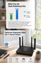 Çift Bant Kablosuz Wifi Router 1200Mbps 2.4GHz ve 5GHz 4 Antenli AC06 Siyah