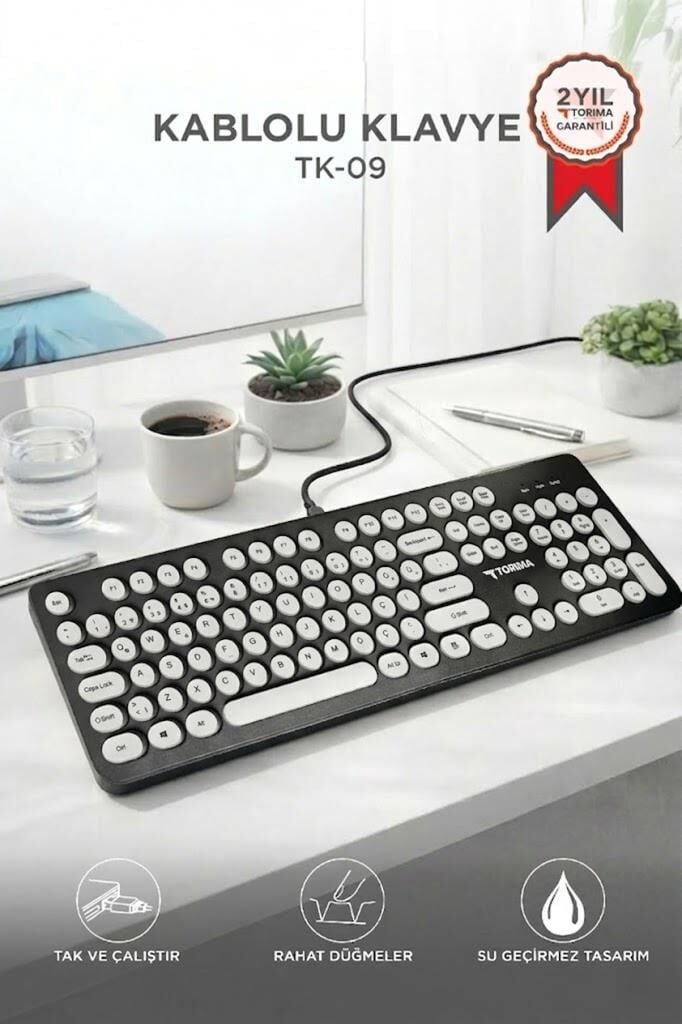 Kablolu Q Klavye Retro Daktilo Görünümlü TK09 Siyah Beyaz