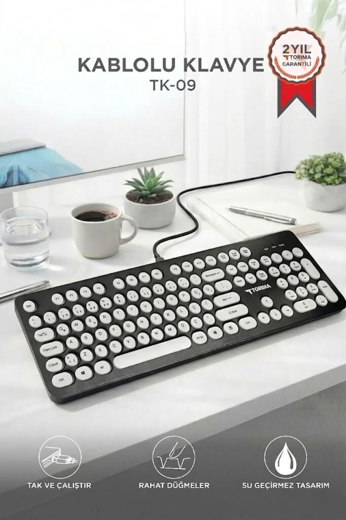Kablolu Q Klavye Retro Daktilo Görünümlü TK09 Siyah Beyaz