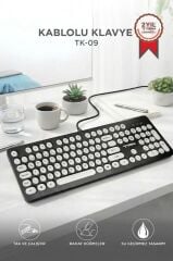 Kablolu Q Klavye Retro Daktilo Görünümlü TK09 Siyah Beyaz