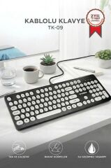 Kablolu Q Klavye Retro Daktilo Görünümlü TK09 Siyah Beyaz