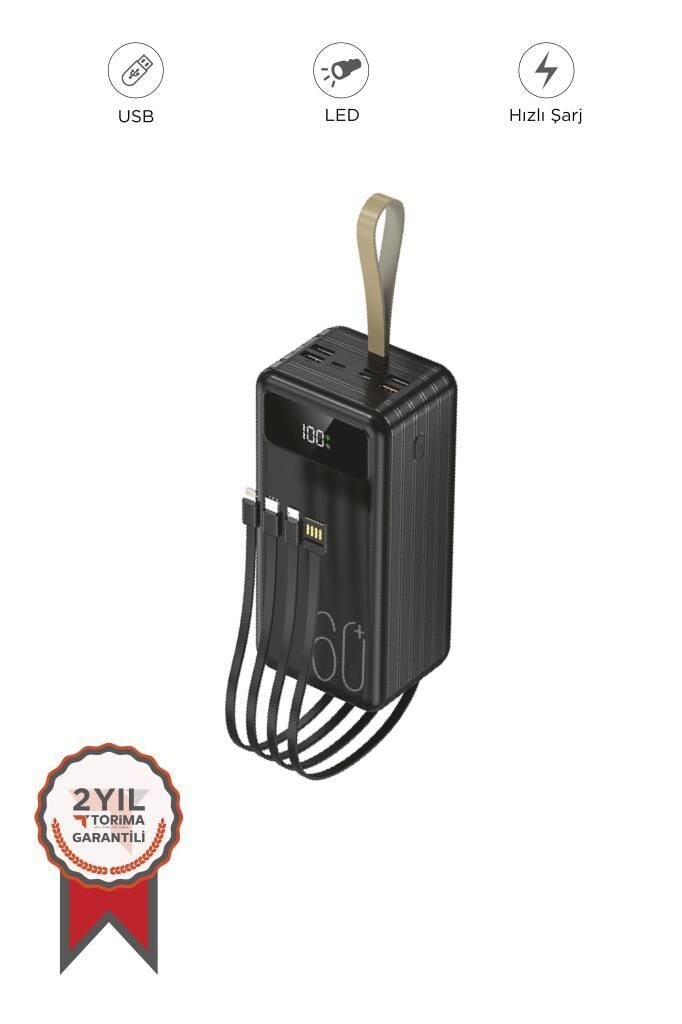 Taşınabilir Batarya 60000 Mah Hızlı Şarj Dijital Göstergeli Ledli 4 Çıkışlı Powerbank TRM-1060 Siyah